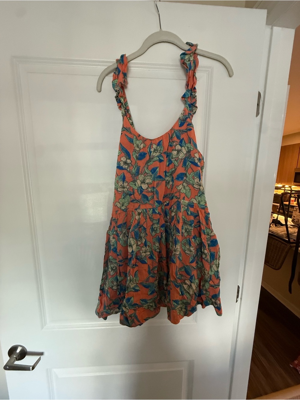 Free People Coral Floral Tie-Shoulder Dress with Blue Accents